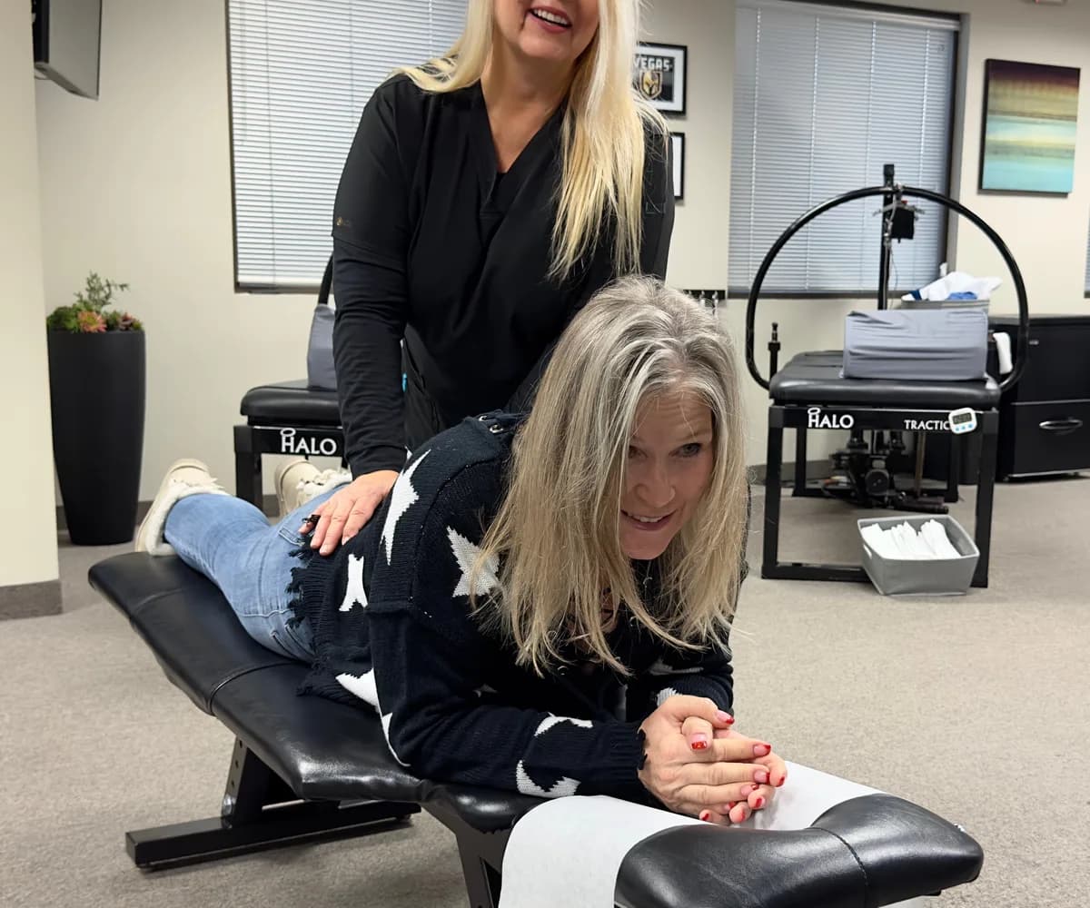 Patient receiving spinal decompression treatment for a herniated disc at Back in Action Chiropractic in Las Vegas